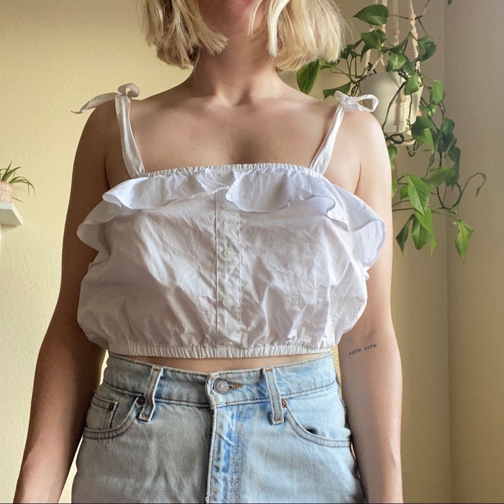 White tube top with ruffle and tie straps